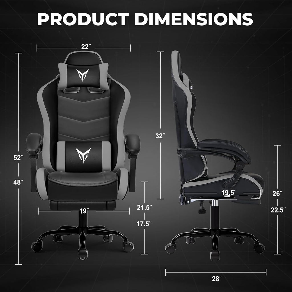 EXRACING Gaming Chair with Footrest, Ergonomic Computer Chair 350lbs High Back for Adults, Height Adjustable Video Game Chair with Headrest and Lumbar Support, 360° Swivel, PU Leather, Grey