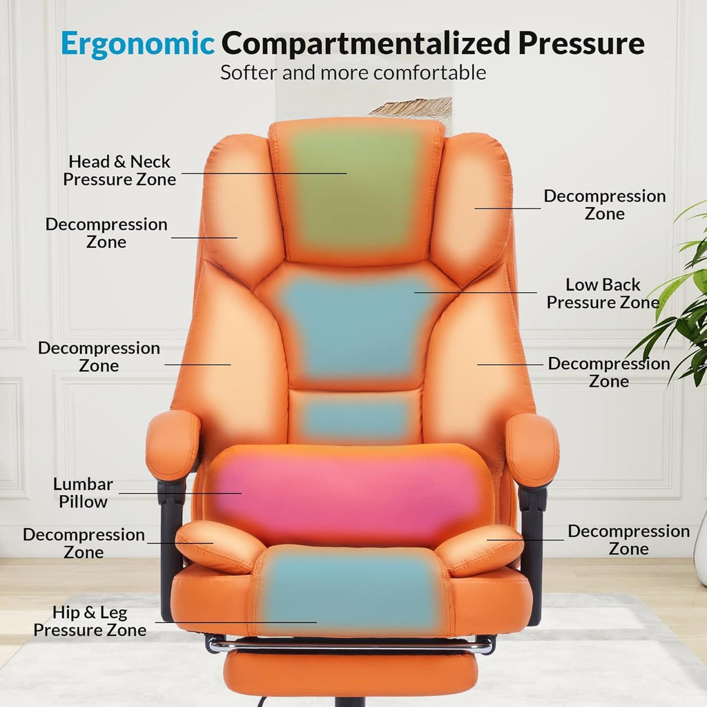 Ergonomic Office Chair with Foot Rest - Reclining Executive Computer Chair with Adjustable Lumbar Support & Arms, 600lbs High Capacity PU Leather Swivel Chair with Wheels (Orange)