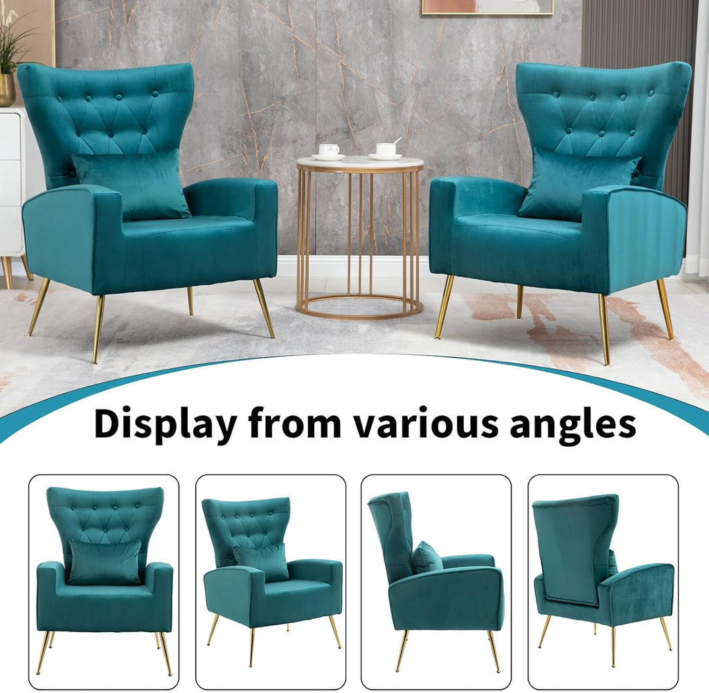 Button-Tufted Velvet Accent Chairs Set of 2, Mid Century Modern Living Room Chair with High Wingback, Upholstered Arm Chair with Metal Gold Legs for Bedroom, Club, Teal Blue