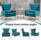 Button-Tufted Velvet Accent Chairs Set of 2, Mid Century Modern Living Room Chair with High Wingback, Upholstered Arm Chair with Metal Gold Legs for Bedroom, Club, Teal Blue