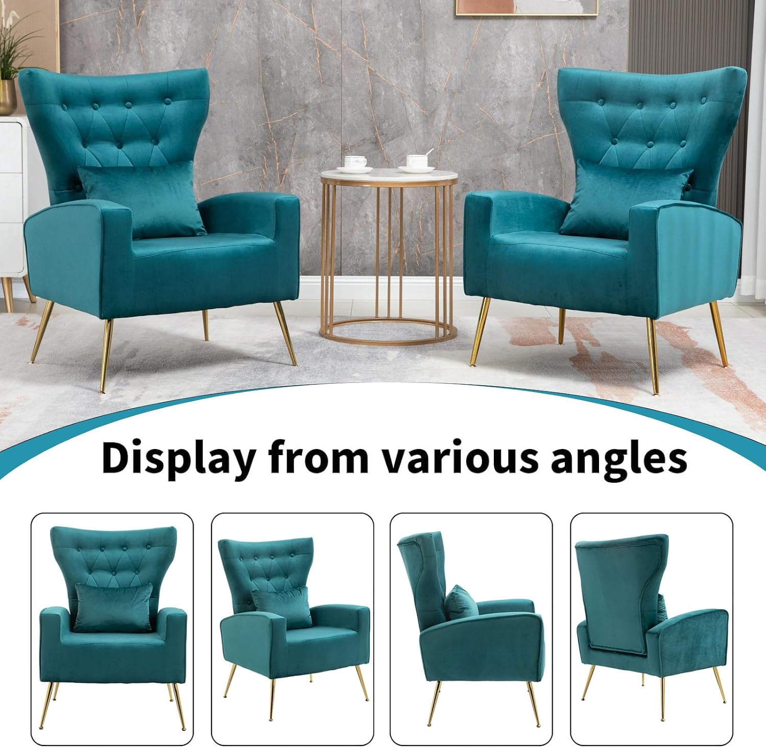 Button-Tufted Velvet Accent Chairs Set of 2, Mid Century Modern Living Room Chair with High Wingback, Upholstered Arm Chair with Metal Gold Legs for Bedroom, Club, Teal Blue