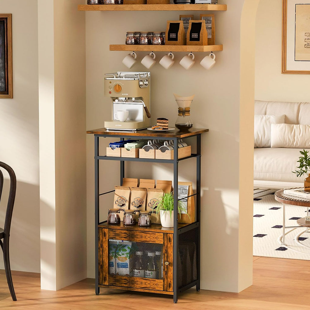 X-cosrack Coffee Bar Station, 3-Tier Small Coffee Stand Station with Storage, Farmhouse-Style Kitchen Microwave Stand Featuring 1-Door Cabinet for Living Room, Entryway, Kitchen
