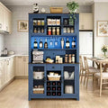 Blue Tall Liquor Cabinet with Wine Storage, Kitchen Pantry with Coffee Bar & Mesh Doors