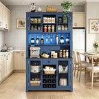 Blue Tall Liquor Cabinet with Wine Storage, Kitchen Pantry with Coffee Bar & Mesh Doors