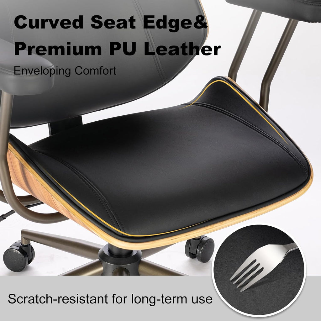Home Office Desk Chair, High Back Chair with Headrest and Armrests, Modern Curved Walnut Wood Back and Seat, Ergonomic PU Leather Executive Swivel Rolling Chair for Home Office, Study(Black)
