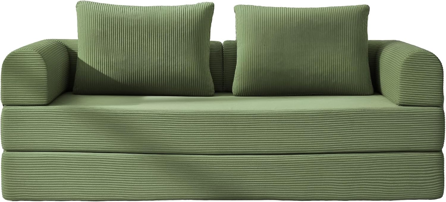 4-in-1 Folding Convertible Sofa Bed, 78 Inch Oversized Corduroy Loveseat Sleeper with Pull Out Bed, Boneless Futon Couch for Living Room Bedroom, No Assembly Needed, Olive Green