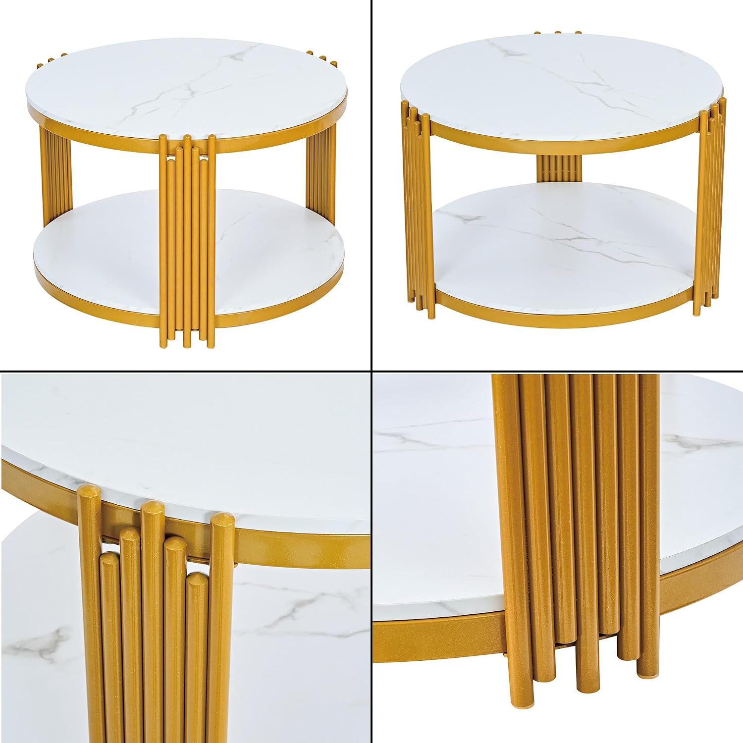 3 Piece Living Room Table Set, Faux Marble Round Coffee Table and End Tables, Luxury Modern White Coffee Table Set of 3 with Gold Metal Frame for Living Room, Bedroom, Apartment