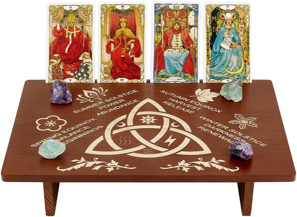 PH PandaHall Altar Table, 11.8"x7.8" Seasons of the Soul Theme Wooden Meditation Table Rectangle Engraved Trinity Knot Patterns Wiccan Tables for Room Engraved Mystic Decor Witchcraft Supplies
