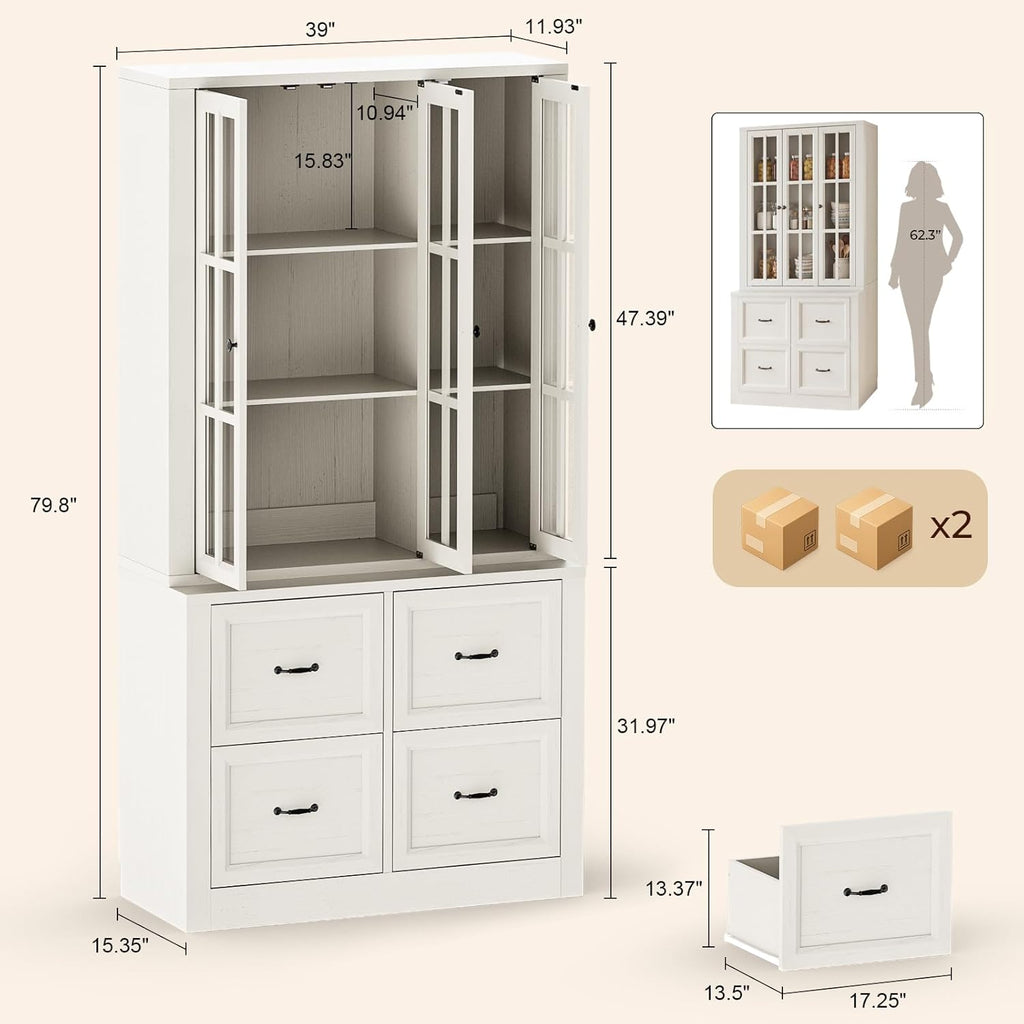 80" Modular Kitchen Pantry Cabinet, 2-in-1 Freestanding Tall Pantry Cabinet with Glass Doors & Adjustable Shelves, Large Hutch Storage Cabinet for Kitchen & Living Room (2, Vintage Warm White, AD)