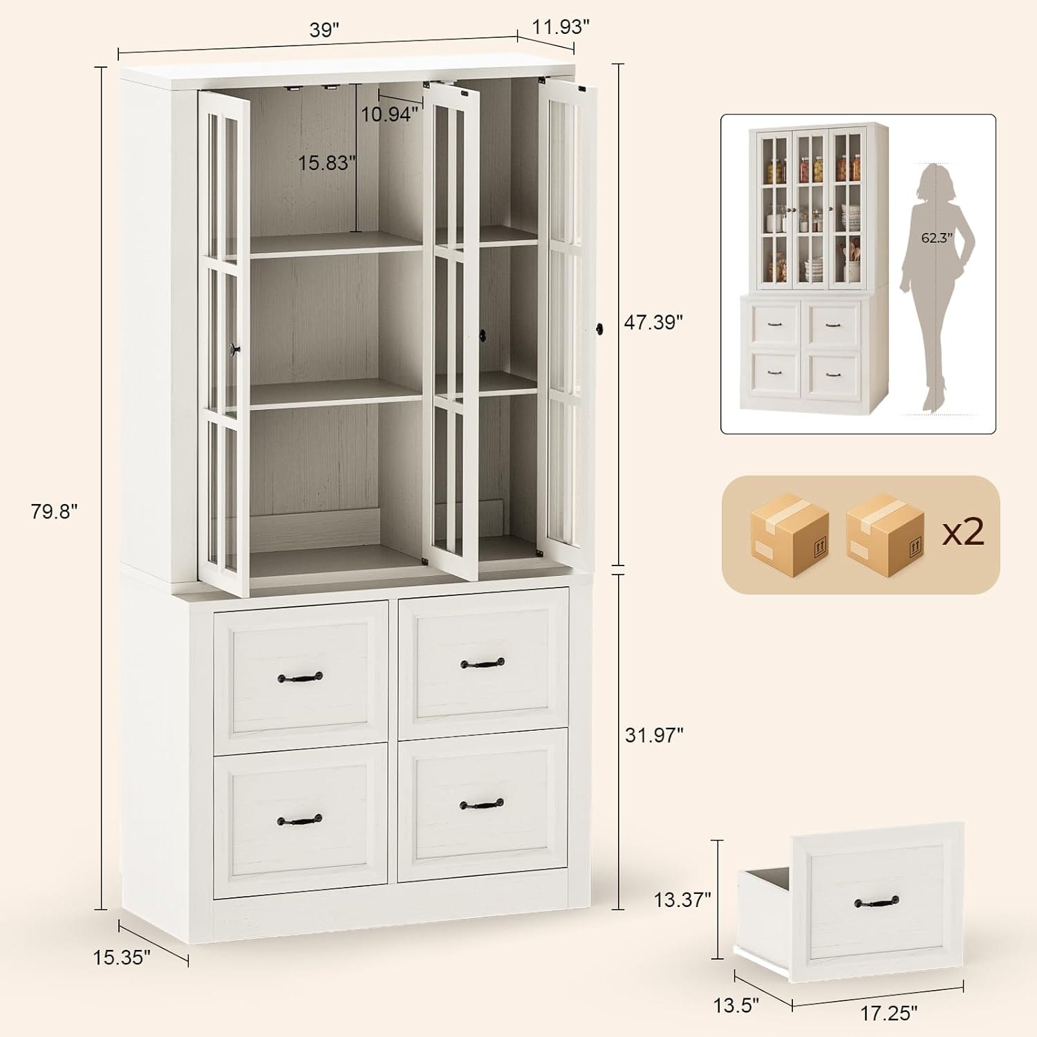 80" Modular Kitchen Pantry Cabinet, 2-in-1 Freestanding Tall Pantry Cabinet with Glass Doors & Adjustable Shelves, Large Hutch Storage Cabinet for Kitchen & Living Room (2, Vintage Warm White, AD)