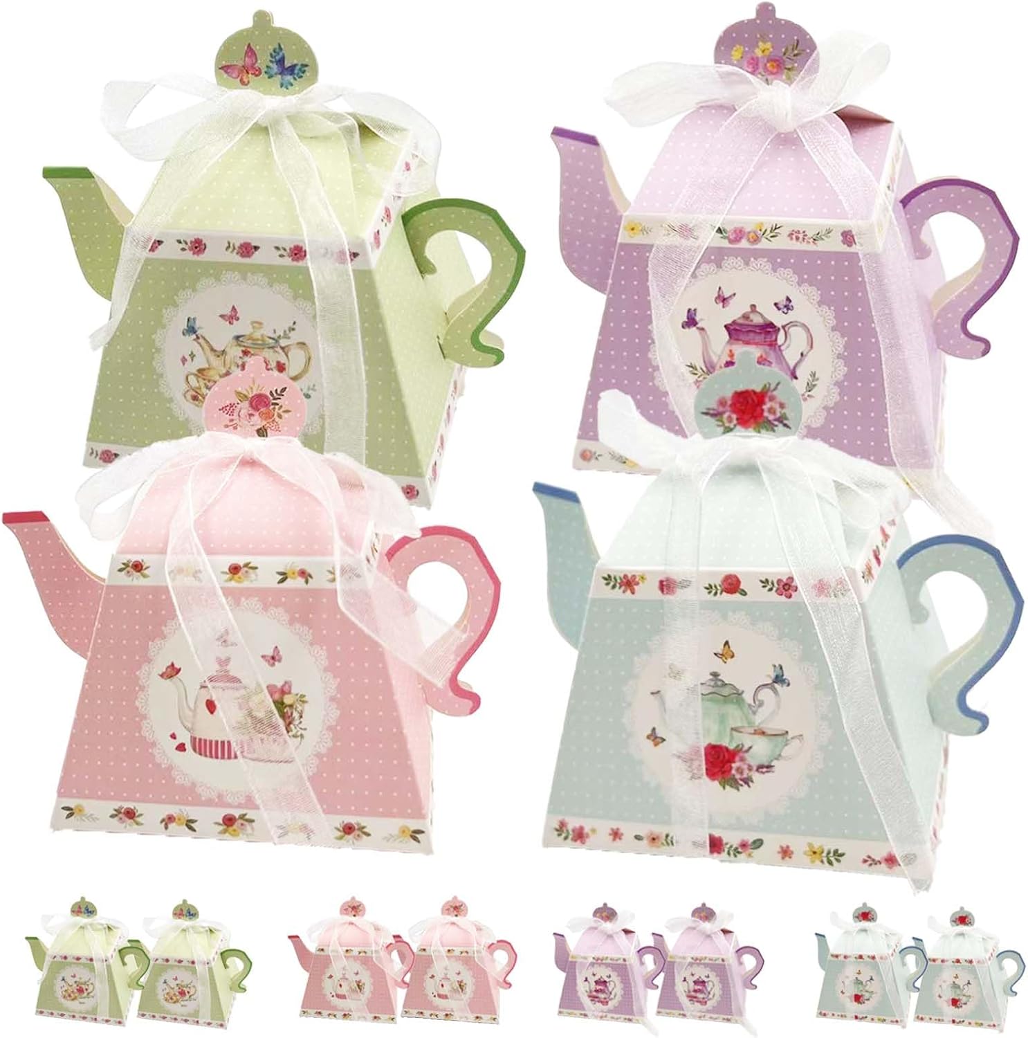 GRSECPO 12 Pack Floral Tea Party Favor Boxes, Vintage Teapot Gift Bags | Teapot design with floral patterns in 4 colors. 3.3x3.3x4.1". Pack of 12 favor boxes for candy cookies wedding bridal shower