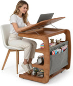 100% Solid Wood C Shaped End Table with Swivel Wheels, Lift Top Couch Table with Storage, Rolling Table that Slide Under Sofa & Bed, 15.75" D x 23.62" W x 24.8" H