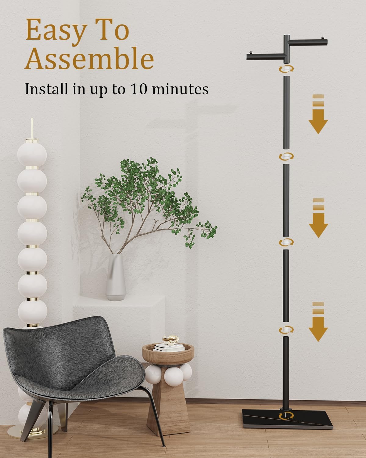 Garment Rack Freestanding Metal Coat Tree, Z-Shaped Stand with Natural Rock Base, 175cm, for Bedroom Hallway Entryway Living Room Office, Black