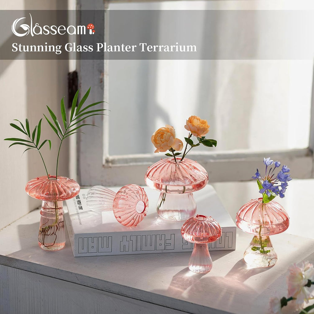 Glasseam Pink Glass Mushroom Vase: Cute Small Flower Vase Set of 10 Unique Mini Bud Vases for Centerpieces Decorative Vases for Flowers Funky Plant Vase Decor