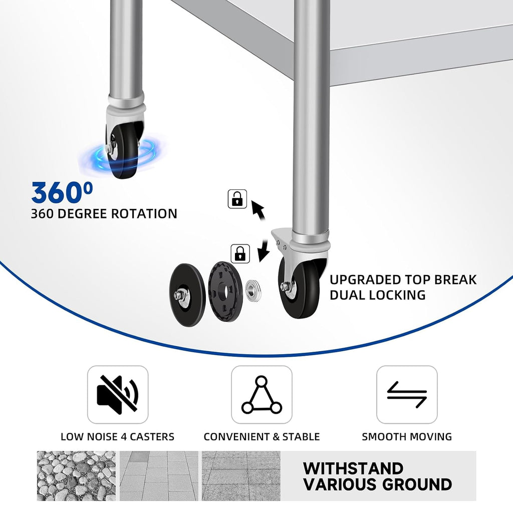 Stainless Steel Table with Wheels, 24 x 24 Inch Stainless Table for Prep & Work, Commercial NSF Steel Metal Table for Restaurant Kitchen Hotel Garage