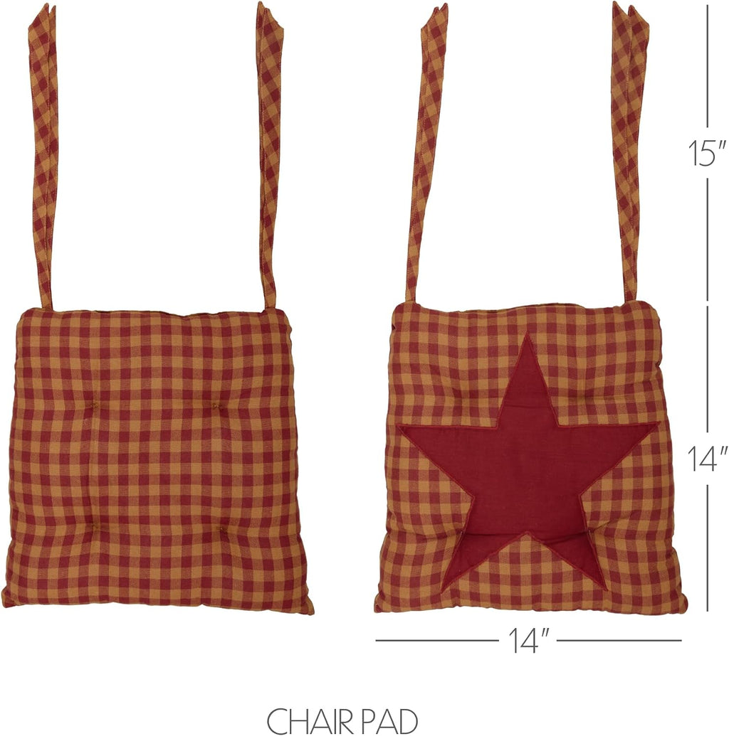 VHC Brands 14"x14" Chair Cushion for Small Dining Chairs with Ties, Burgundy Tan Star Check Plaid, Primitive Farmhouse Indoor Kitchen Seat Cushion, Set of 4