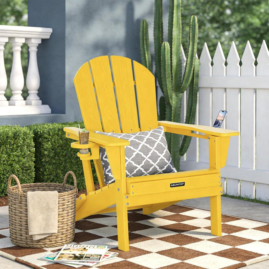 Folding Adirondack Chair with Dual Cup Holders, All-Weather HDPE Patio Chair Deck Chairs Outdoor, Fire Pit Chairs for Garden, Lawn,Backyard, Pool, Yellow (Wood Grain Finish)