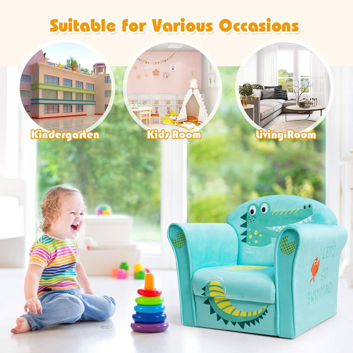 KOTEK Kids Sofa Chair with Cute Pattern, Toddler Upholstered Chair w/Armrest & Backrest, Wooden Frame, Kids Couch Children Armchair for Boys Girls, Mini Sofa Chair for Preschool Children (Crocodile)