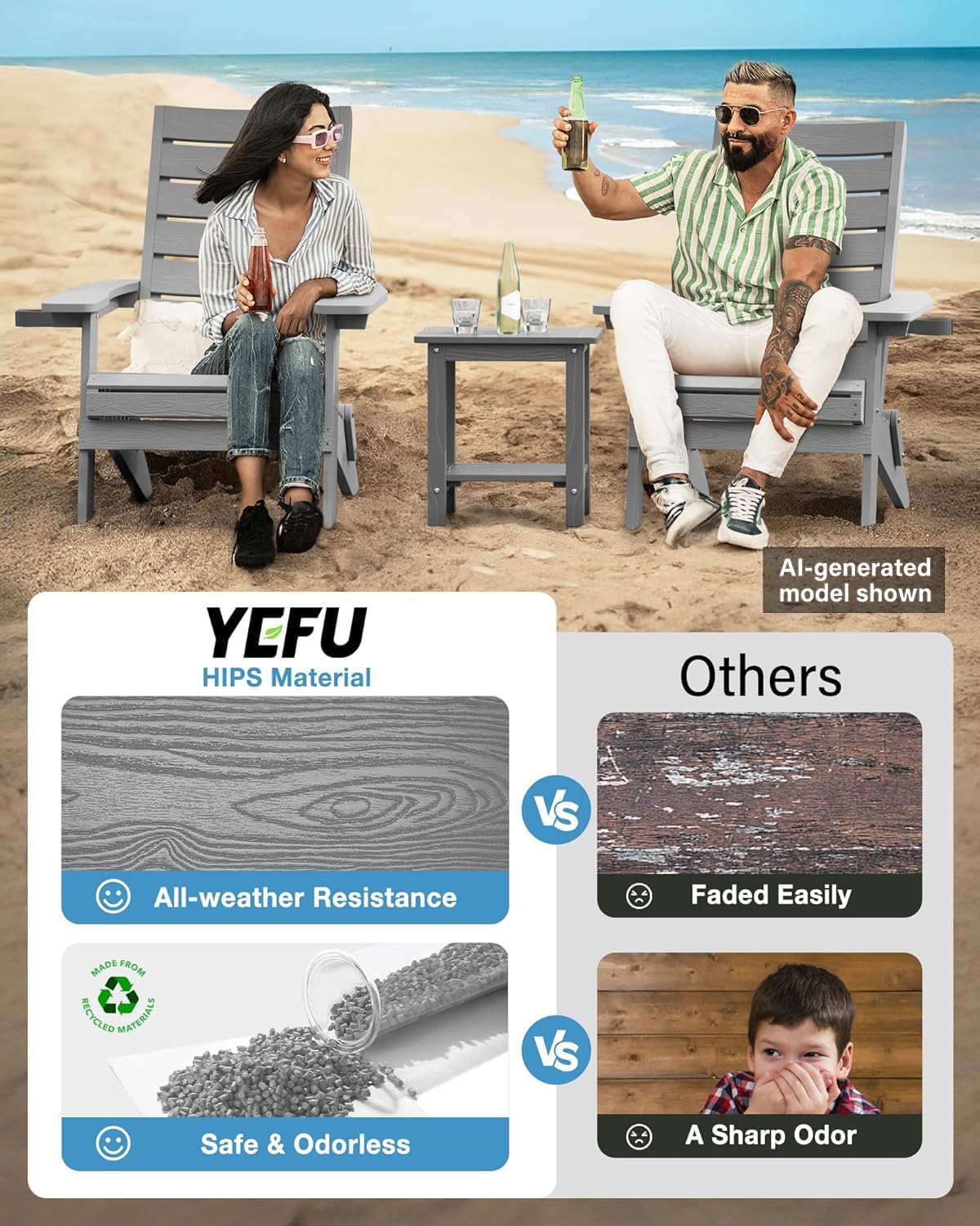 YEFU Adirondack Chair Set of 2 Outdoor: Oversized Folding Adirondack Chairs with Arc Back & Cup Holder, Weather Resistant Fire Pit Chairs for Patio Lawn Garden Backyard Deck, Grey