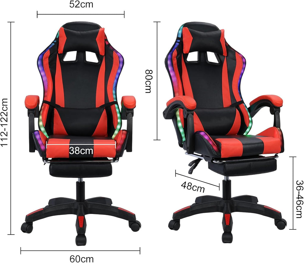Gaming Chair with Bluetooth Speakers & Lights, Ergonomic High-Back Office Chair with Retractable Footrest, 360° Swivel Adjustable Computer Chair, Faux Leather Racing Style for Home Office & Gaming