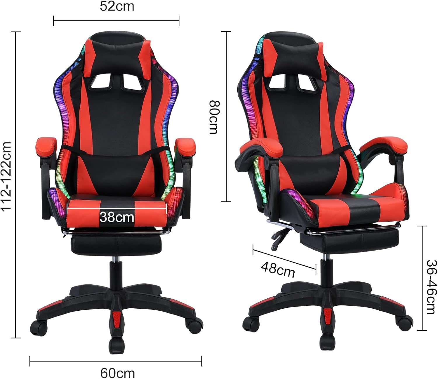 Gaming Chair with Bluetooth Speakers & Lights, Ergonomic High-Back Office Chair with Retractable Footrest, 360° Swivel Adjustable Computer Chair, Faux Leather Racing Style for Home Office & Gaming