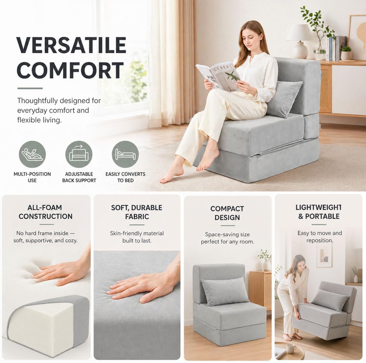 Folding Sofa Bed, Convertible Sleeper Chair with Pillow, Foldable Mattress & Back Support, Portable Floor Lounger Futon for Apartment, Dorm, Living Room, Bedroom, Gray