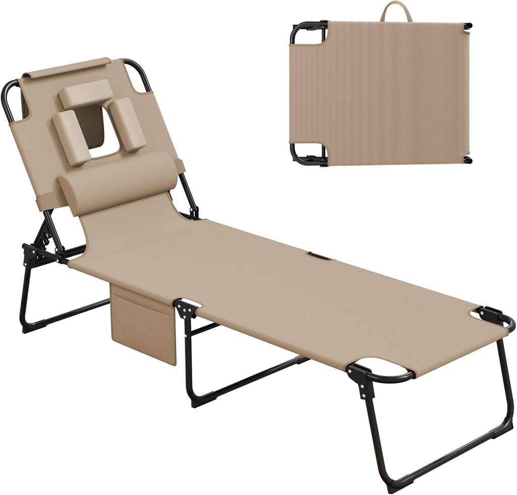 400lbs Tanning Chair with Face Hole, 5-Position Folding Chaise Lounge Chair with Side Pockets, Portable Beach Lounge Chair for Outdoor Sunbathing Patio Pool Lawn, Beige