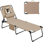 400lbs Tanning Chair with Face Hole, 5-Position Folding Chaise Lounge Chair with Side Pockets, Portable Beach Lounge Chair for Outdoor Sunbathing Patio Pool Lawn, Beige