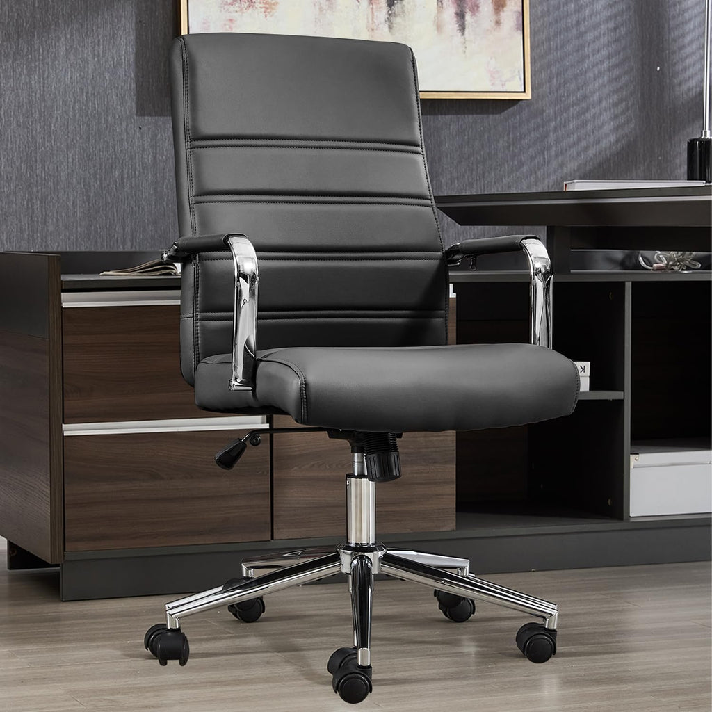 Office Desk Chair Leather, Conference Room Chairs with Wheels, Modern Executive Office Chairs Adjustable Height, Ergonomic Swivel Rolling Ribbed Computer Chair(Black)