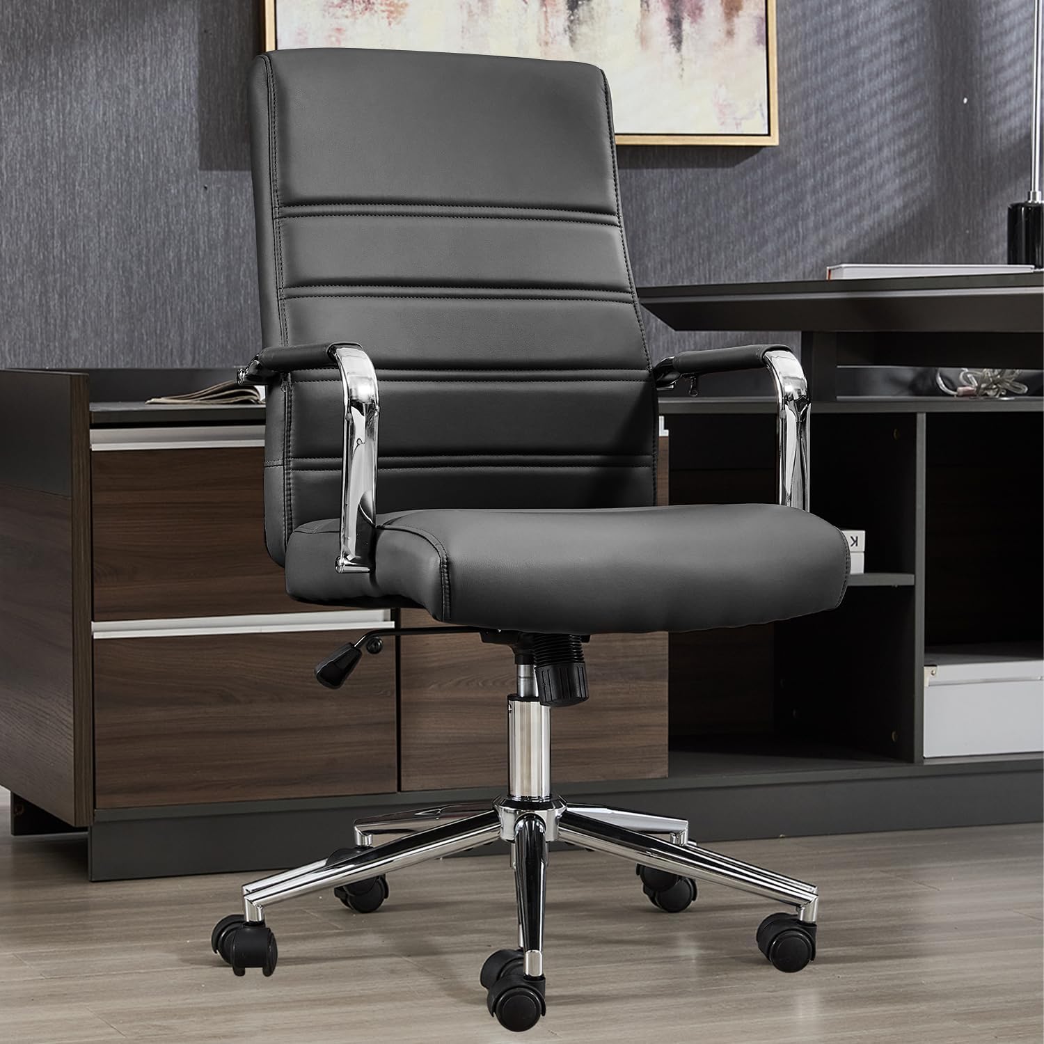 Office Desk Chair Leather, Conference Room Chairs with Wheels, Modern Executive Office Chairs Adjustable Height, Ergonomic Swivel Rolling Ribbed Computer Chair(Black)