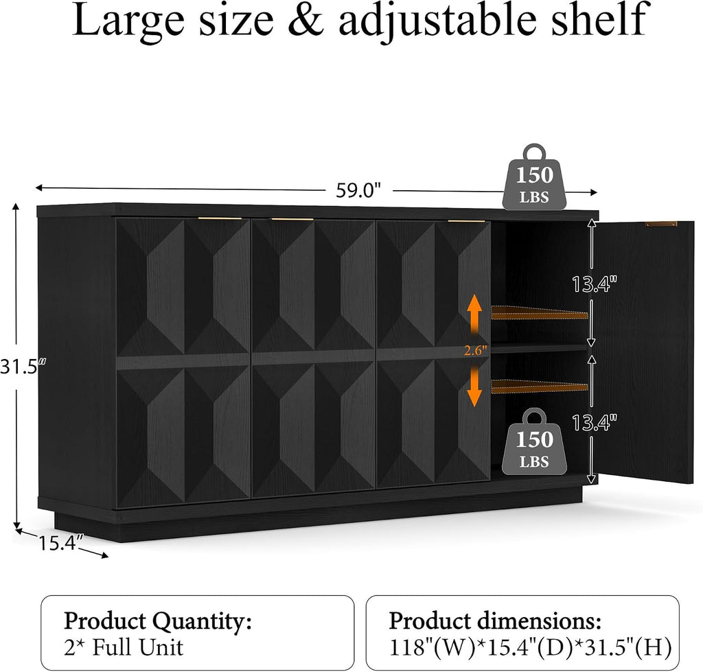 Brafab Buffet Cabinet, 118" Modern Mid-Century Credenza with 8 Doors, Wood Sideboard Cabinet with Geometric Doors for Living Room and Kitchen, Black