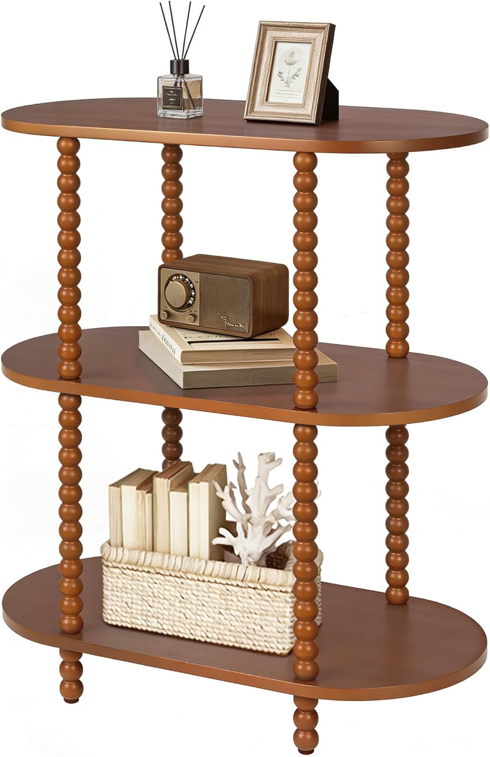 Modern Small Console Table, 3-Tier Oval Narrow Entryway Table with Storage Shelves, Wood Farmhouse Skinny Side Tables for Hallway, Behind Couch, Living Room and Bedroom, Walnut