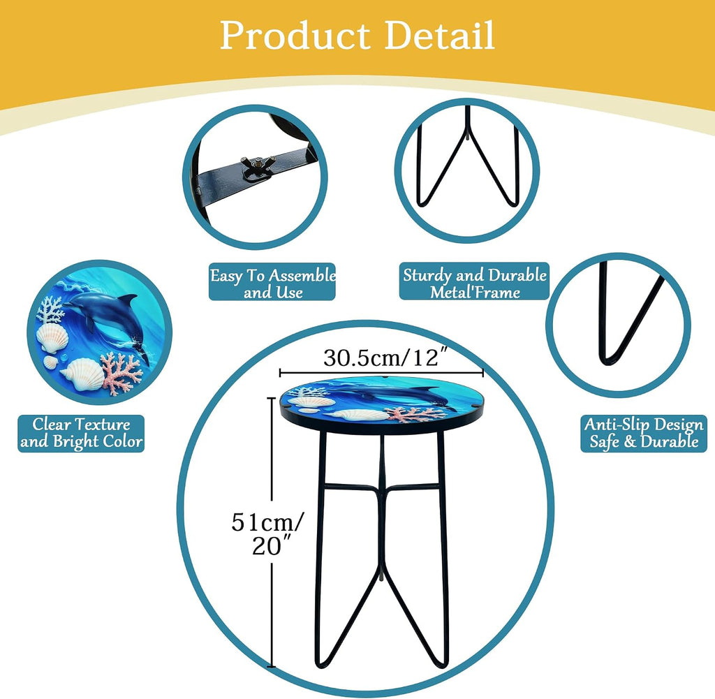 12 Inch Folding Outdoor Side Tea Table, Dolphin Shell Coral Small Accent Tables, Plant Tables Indoor, Garden or Living Room Decor Afternoon Tea Dinner Table, Simple Assembly Cast Iron Plant Stand