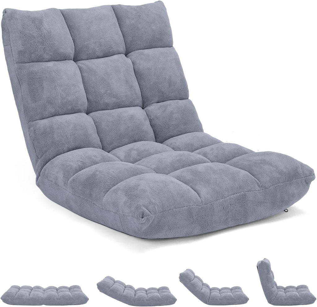 14-Position Floor Sofa, Folding Gaming Sofa Chair, Comfy Cushions & Study Steel Frame, Angle Adjustable Sleeper Bed, Couch Recliner (Grey)