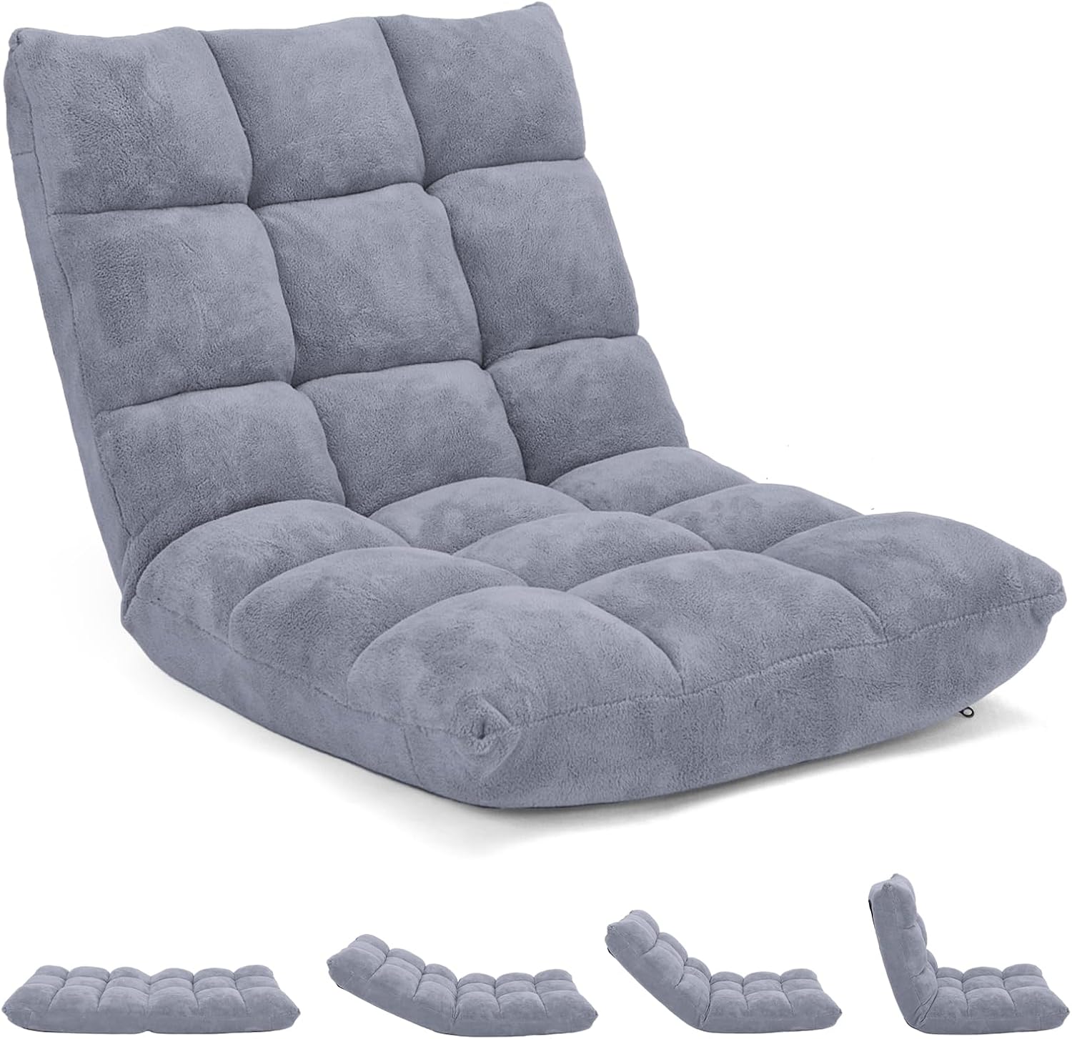 14-Position Floor Sofa, Folding Gaming Sofa Chair, Comfy Cushions & Study Steel Frame, Angle Adjustable Sleeper Bed, Couch Recliner (Grey)