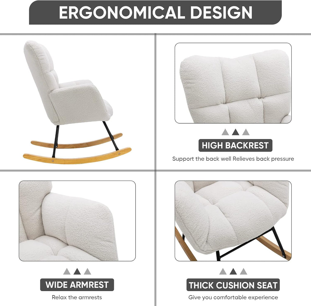 Nursery Rocking Chair, Teddy Velvet Upholstered Glider Rocker Rocking Accent Chair with High Backrest, Mid Century Modern Armchair Comfy Side Chair for Living Room Bedroom Offices