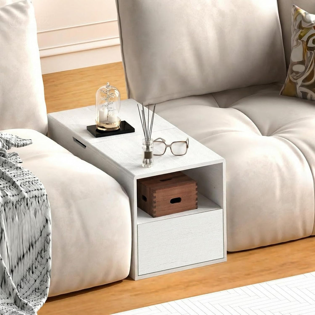 Rresyet Modular Sofa Console with Storage, Adjustable Height Side Table with Drawer & Open Shelf, 15.8" Narrow End Table for Sectional Sofa Couch (1, White, with Drawer)