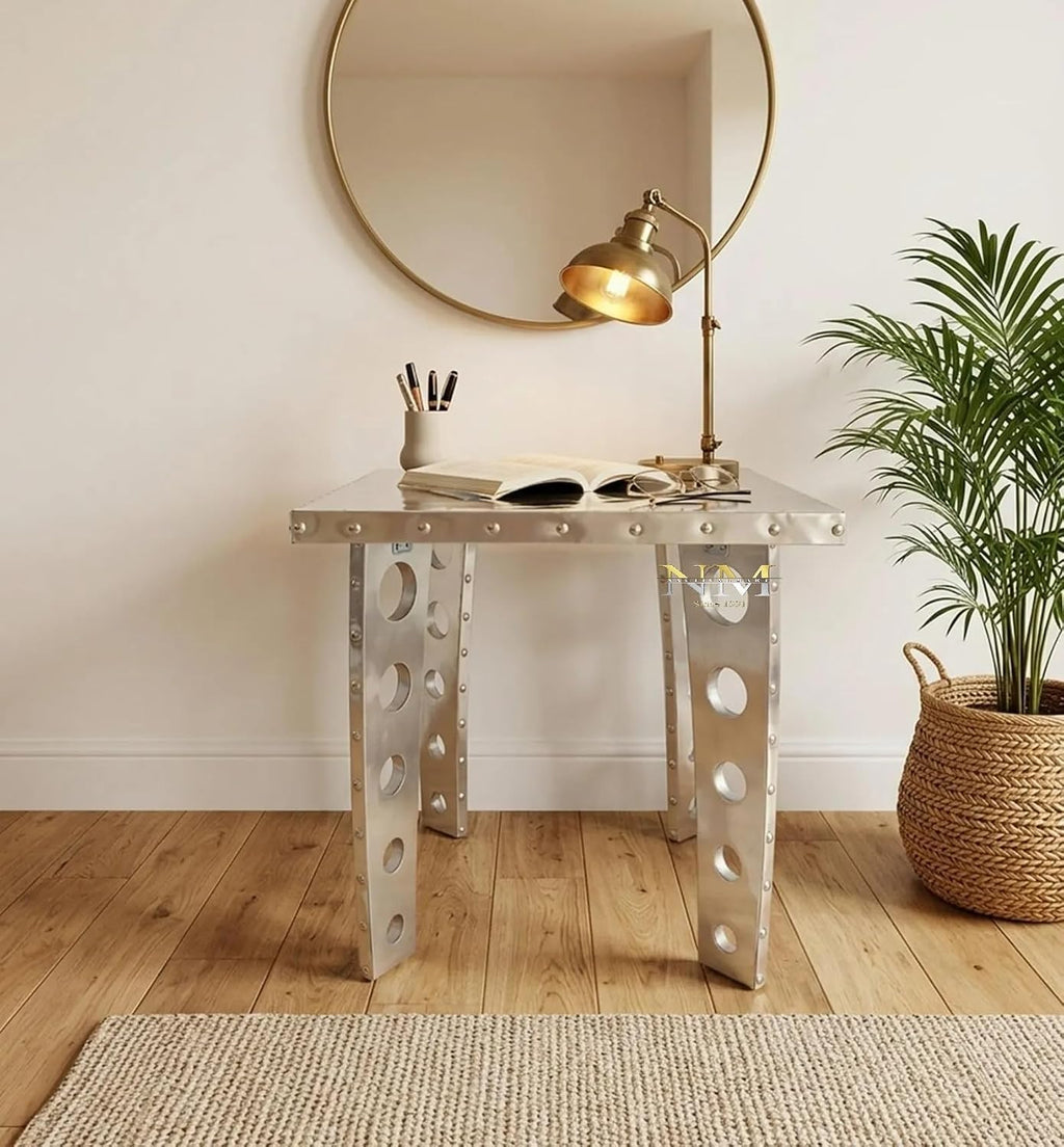 Handcrafted Aluminum Aviator Side Table- Square End Table with Retro Vintage Aircraft Style Coffee Table with Rivets and Cutout Legs Perfect for Living Room, Bedroom and Office Cafe and Rastaurants