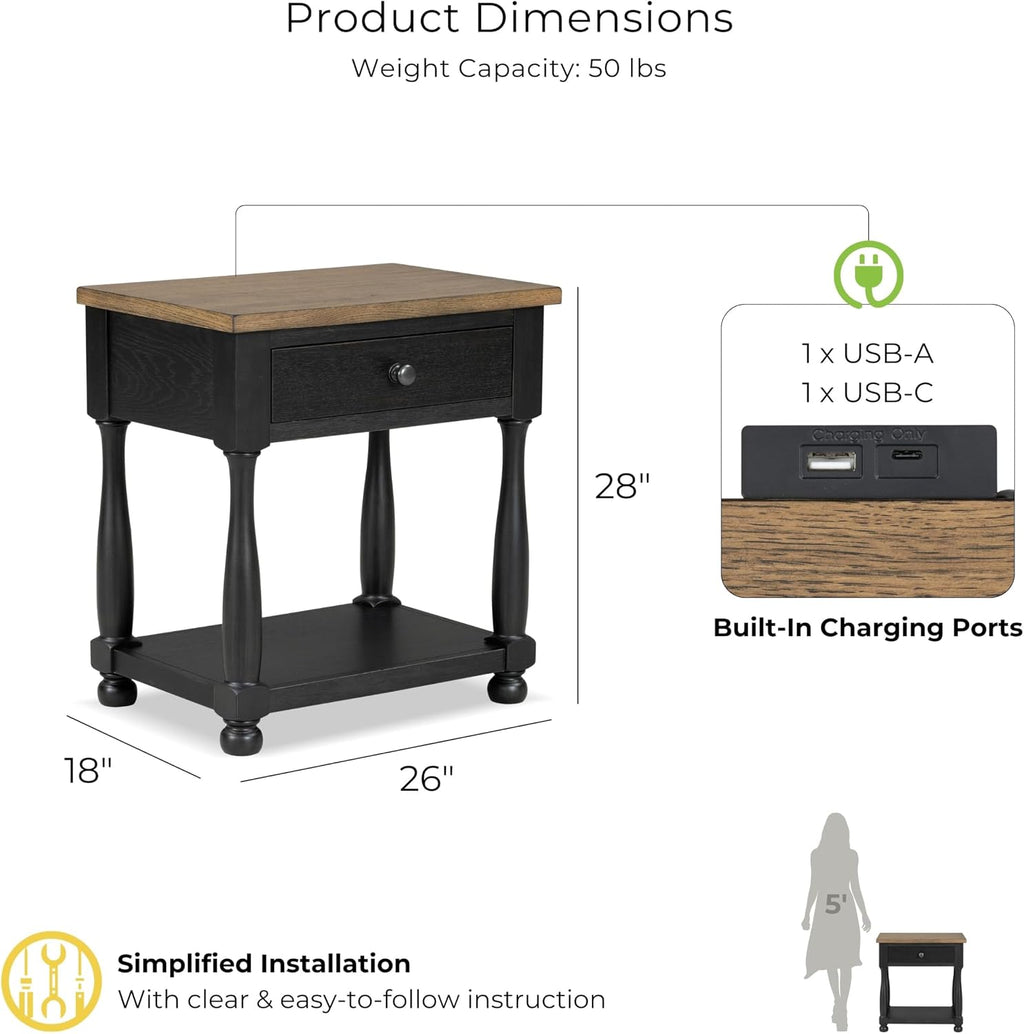 Furniture of America Narella Modern Farmhouse Solid Wood End Tables Set of 2, Bedside Nightstand with Drawer, Shelf and USB Ports, Wooden Night Stand for Bedroom, Dorm, Black/Rustic Oak