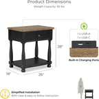 Furniture of America Narella Modern Farmhouse Solid Wood End Tables Set of 2, Bedside Nightstand with Drawer, Shelf and USB Ports, Wooden Night Stand for Bedroom, Dorm, Black/Rustic Oak