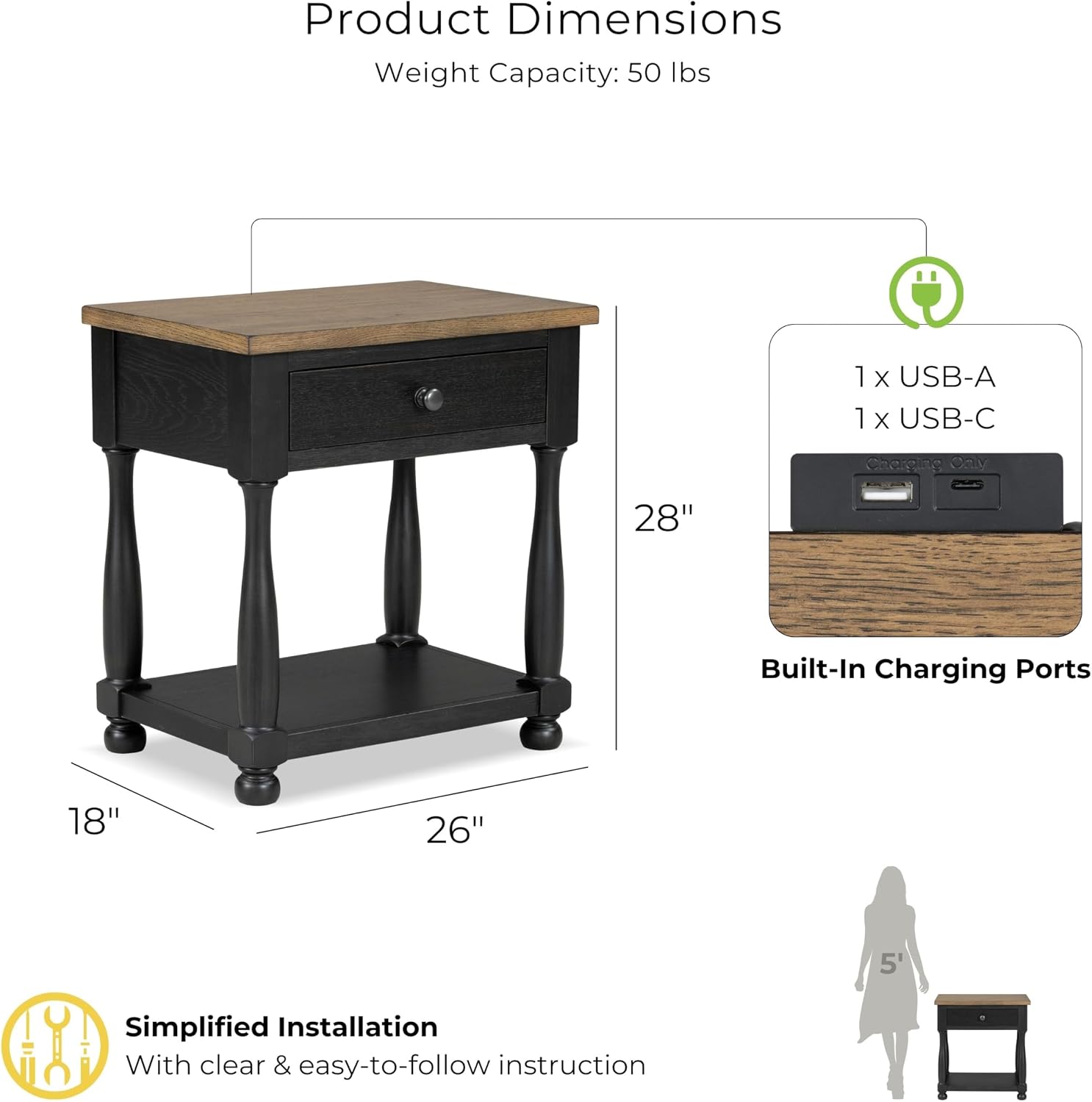Furniture of America Narella Modern Farmhouse Solid Wood End Tables Set of 2, Bedside Nightstand with Drawer, Shelf and USB Ports, Wooden Night Stand for Bedroom, Dorm, Black/Rustic Oak