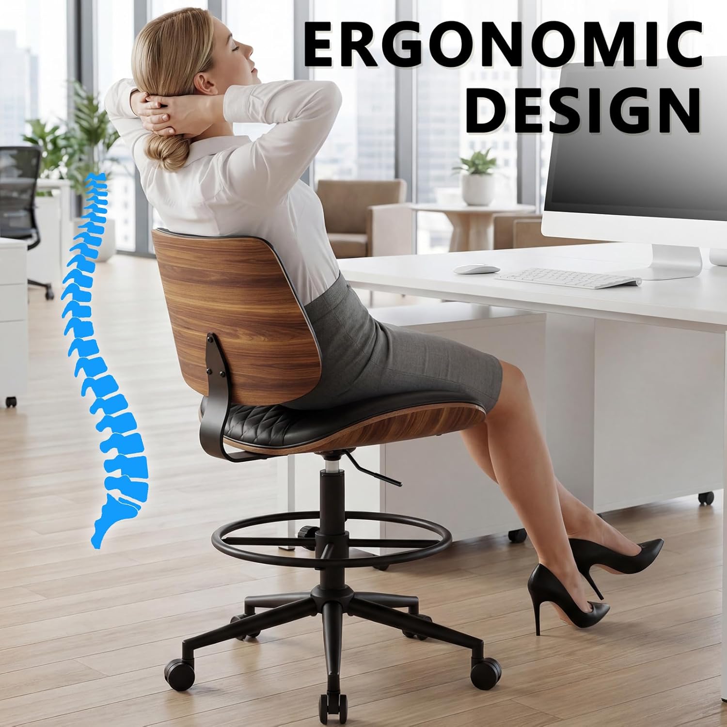 Drafting Chair with Adjustable Footrest, Armless Modern Tall Office Chair for Standing Desk, PU Leather Swivel Stool in Curved Bentwood Style, Ergonomic Rolling Walnut Chair for Office(Black)