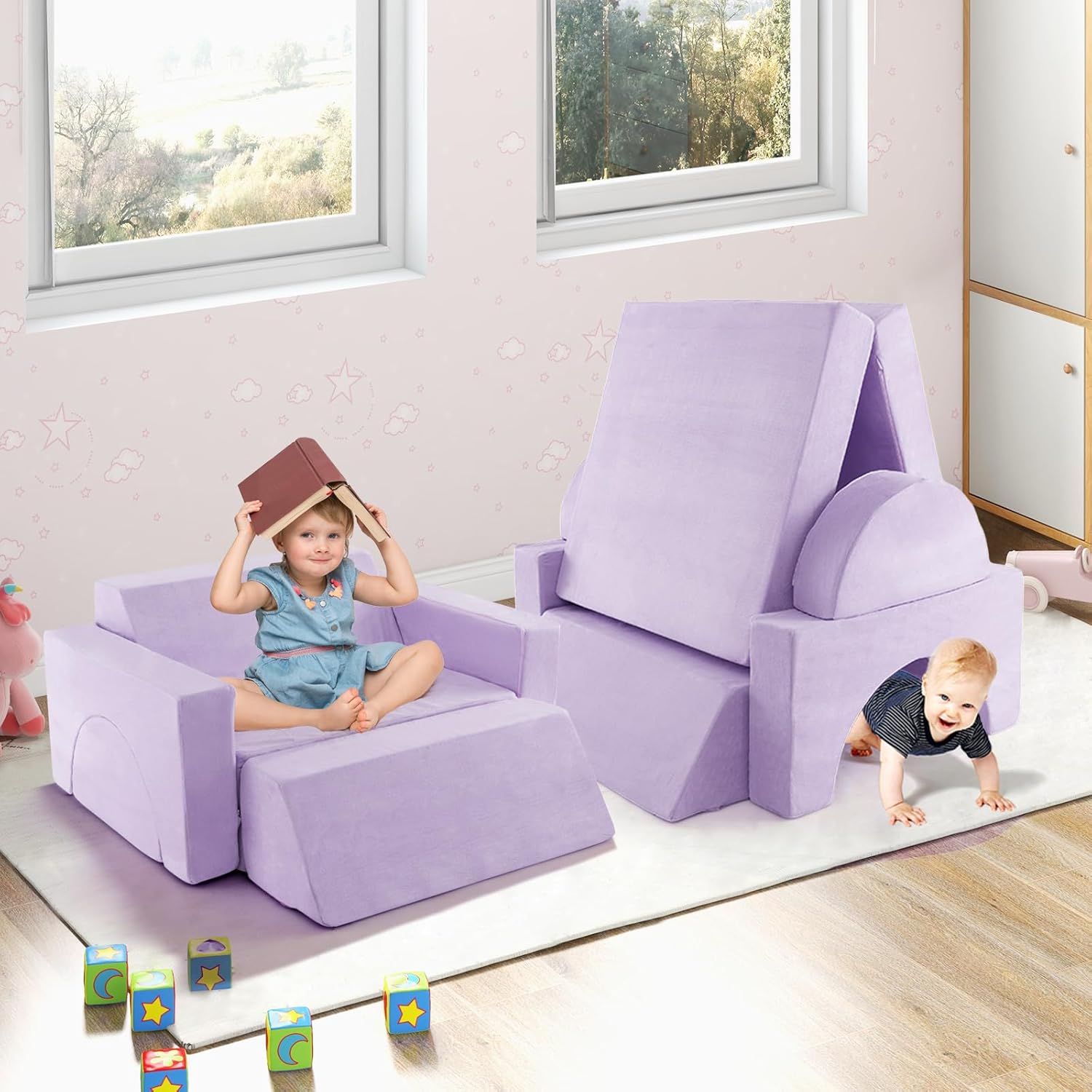 INFANS Mondular Kids Play Couch, 8PCS Toddler Sectional Sofa Building Fort for Bedroom Playroom, Imaginative Convertible Floor Cushion, Foam Set for Boys Girls