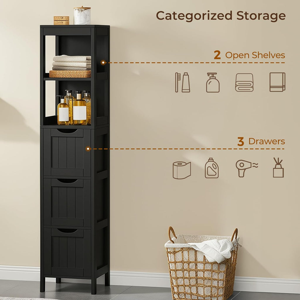 Yaheetech 56”H Bathroom Storage Cabinet, Narrow Freestanding Floor Cabinet with 3 Drawers & 2 Shelves, Tall Slim Bathroom Organization for Living Room/Hallway/Small Space,Black
