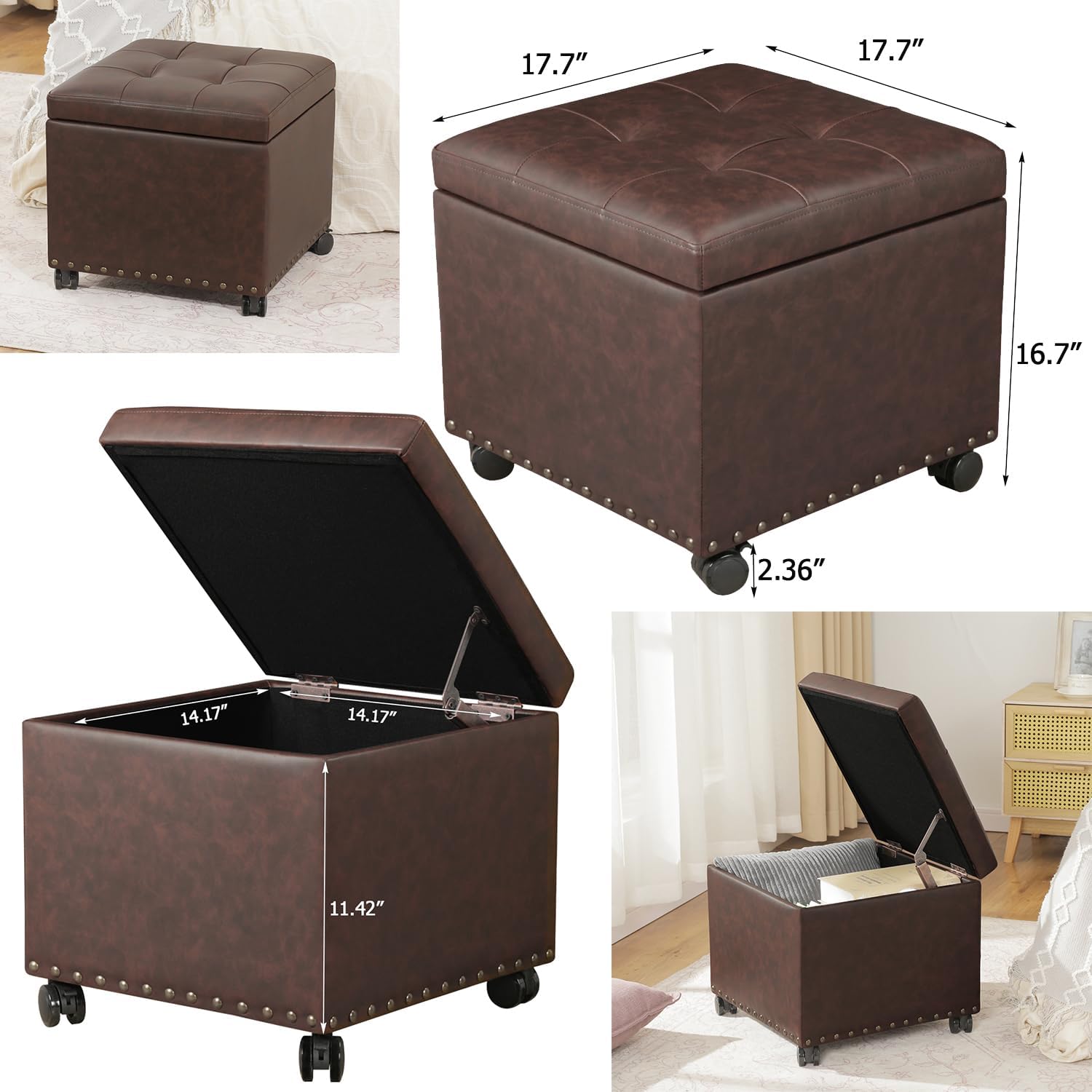 Leather Ottoman with Storage,Square Ottomans Foot Rest with Hinged Lid & Solid Wood Legs Upholstered Cube Footstool Hidden Storage for Living Room, Bedroom(Brown)