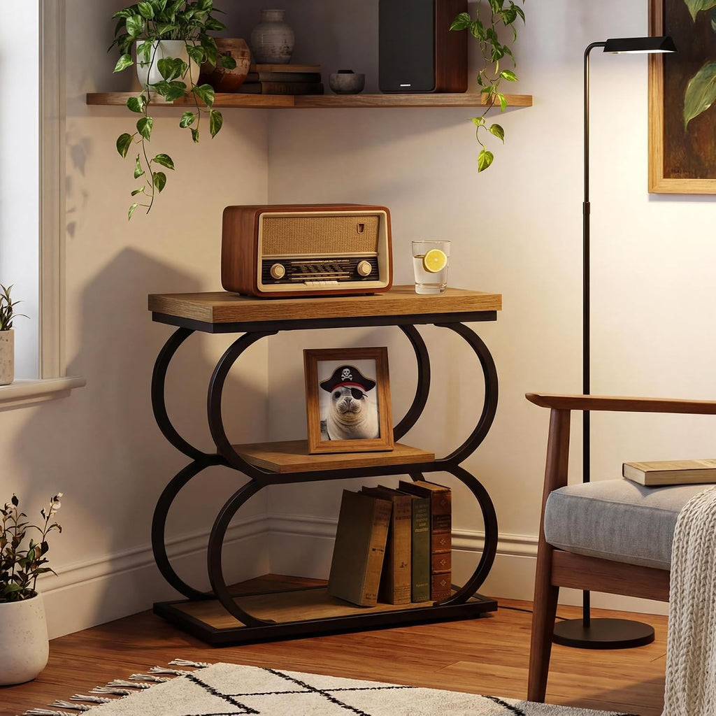 LITTLE TREE Narrow Side Table, 3-Tier Skinny Wooden End Table for Living Room, Slim Metal Nightstand for Small Space, Couch, Bedside, Home Office, Rustic Brown
