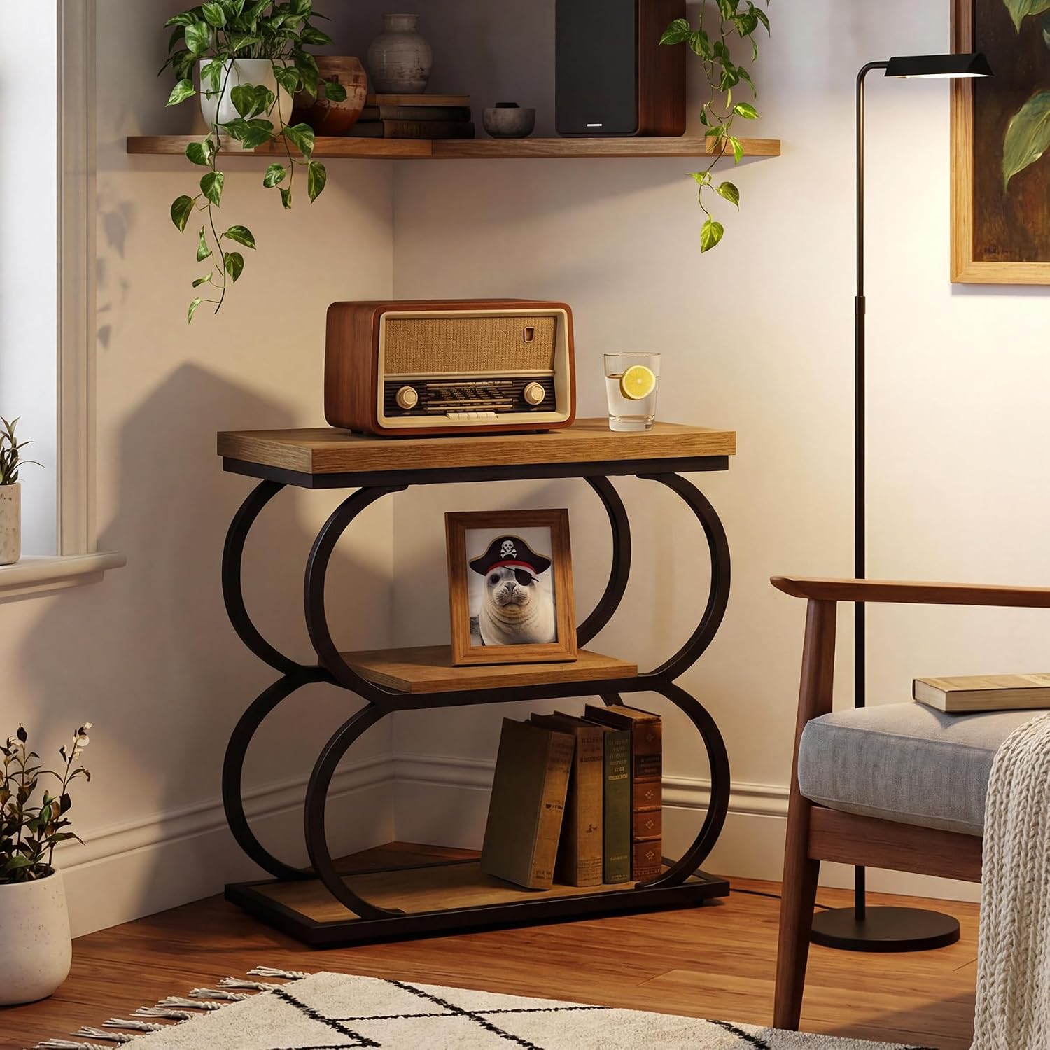 LITTLE TREE Narrow Side Table, 3-Tier Skinny Wooden End Table for Living Room, Slim Metal Nightstand for Small Space, Couch, Bedside, Home Office, Rustic Brown
