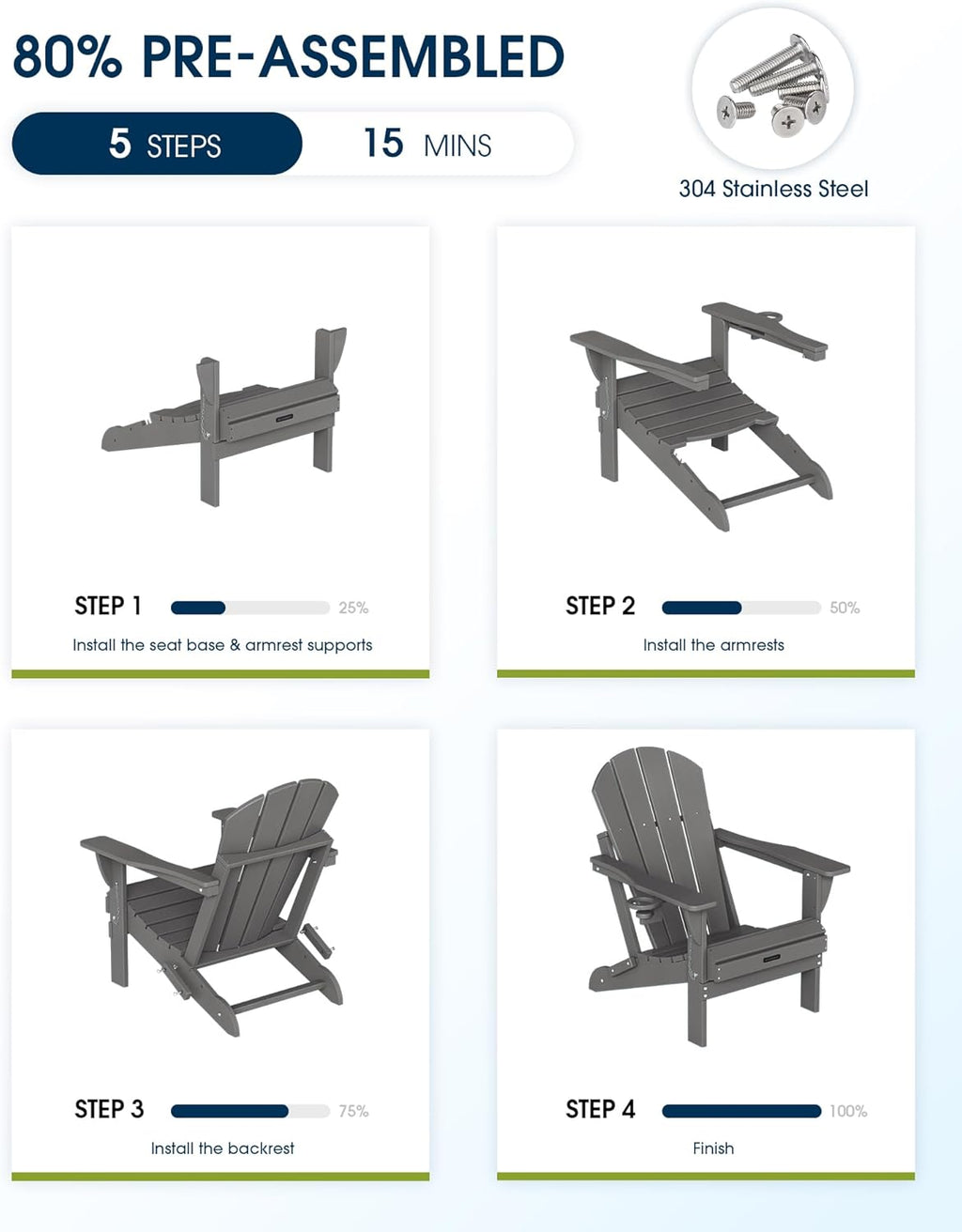 MUCHENGHY Folding Adirondack Chairs Set of 2 HDPE Weather Resistant, Patio Firepit Chairs, Sturdy Outside Chairs, Lawn Chairs, 15min Assembly 380lb Grey