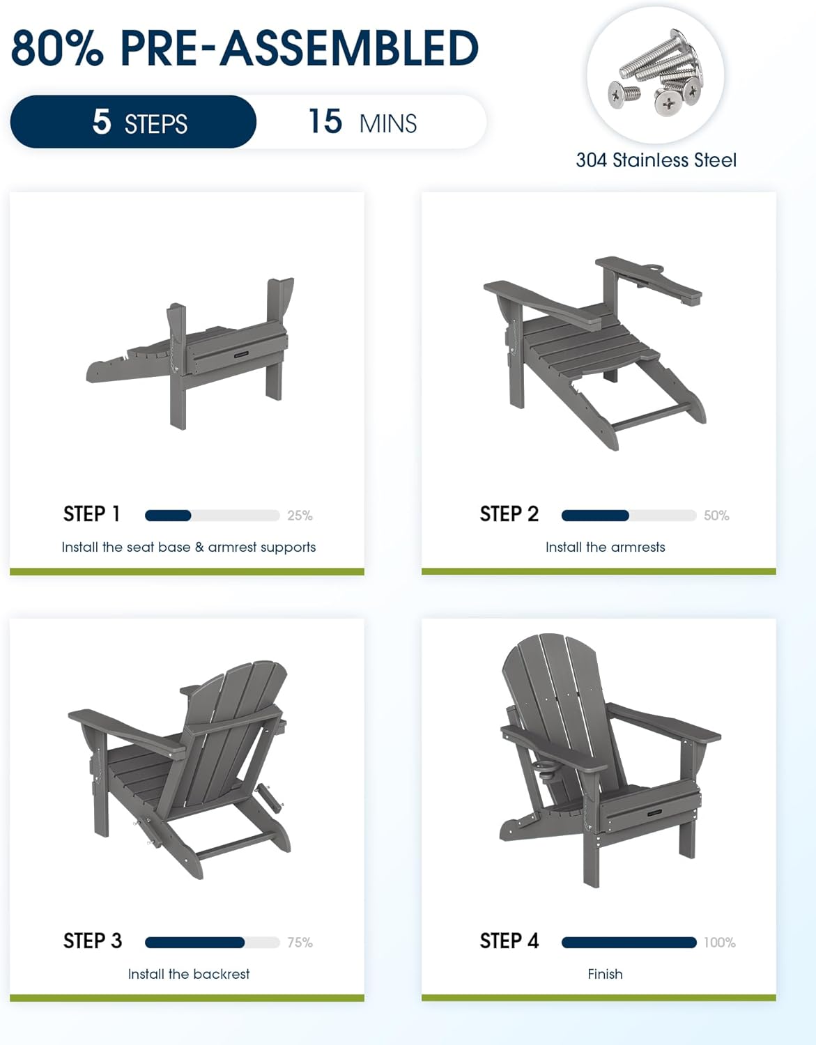 MUCHENGHY Folding Adirondack Chairs Set of 2 HDPE Weather Resistant, Patio Firepit Chairs, Sturdy Outside Chairs, Lawn Chairs, 15min Assembly 380lb Grey
