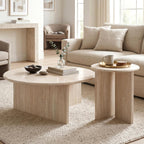 DUOMAY Wood Round Side Table Small Faux Marble Bedside Table 18" Modern End Table Natural Travertine Finish for Living Room, Bedroom, Sofa Side, Reception Room, Luxury Minimalist, Beige